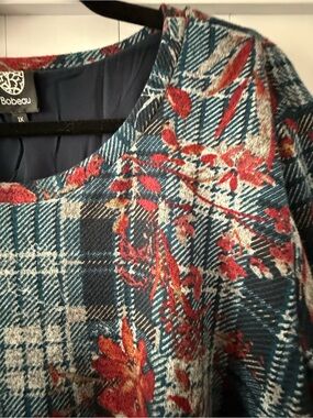 bobeau Teal Plaid Dress with Red Floral Print